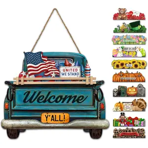 Interchangeable Welcome Sign for Front Door Blue Farmhouse Truck Sign with 11 Interchangeable Seasonal and 12x14 in.(Blue Farmhouse Truck)