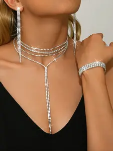 Elegant Trendy Versatile Women's Jewelry Set, Silver Color Rhinestone Necklace Earrings Bracelet, Party Wedding Daily Wear Accessories