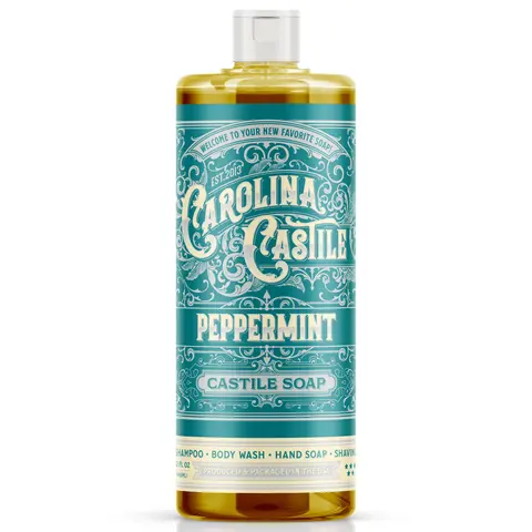 Carolina Castile Soap Peppermint Infused Organic Olive Oil Body Wash & Hand Soap Highly Concentrated Vegan Cleanser Made in USA