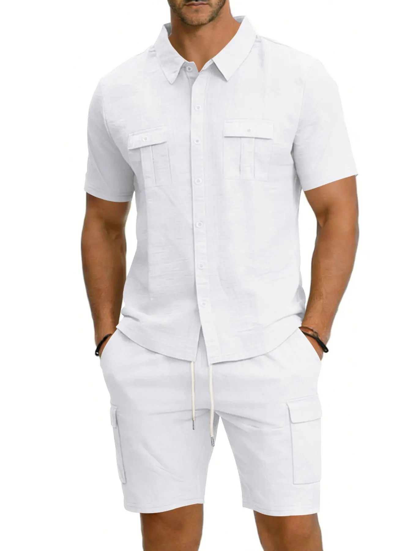 Linen Casual Set, Solid Color Short Sleeve Work Shirt + Multi-Pocket Shorts, Comfortable and Stylish for Everyday Wear