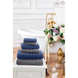 VETERAN TEXTILE LLC - 2 Color Mix Set, 6 Pieces-Turkish Cotton - Luxury Towel Set for Bathroom & Kitchen, 2 Bath Towels, 2 Hand Towels & 2 WashCloths (Navy Blue + Gray)