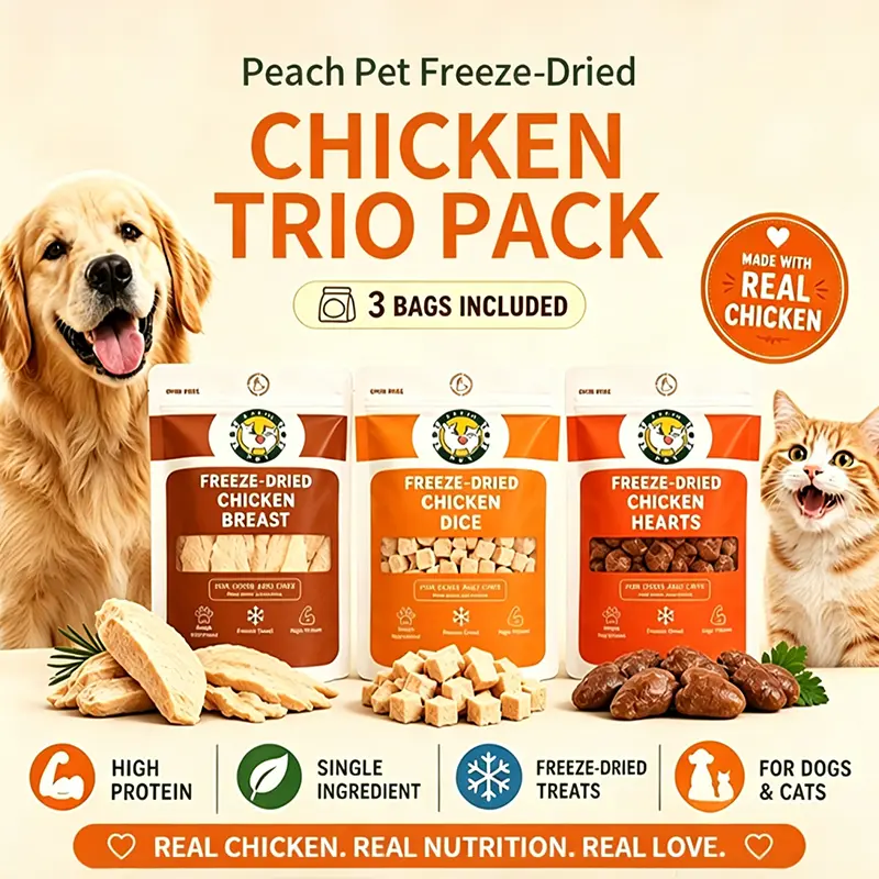 Peach Pet Freeze-Dried Chicken Trio Bite-Sized Dog Treats, 3-Pack, 3.5oz, High Protein, Clean Label, Nutrient-Rich Training Reward backtoschool