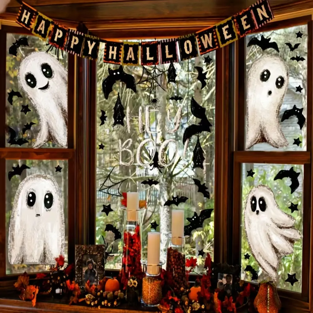 Halloween PVC Cling Decorative Stickers - Various Shapes Cute Ghost Pumpkin Static Clings, Removable Reusable Decals for Home, Party Decor (Kids Targeted)