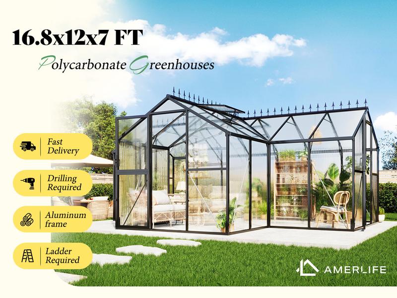[Ships in 4 Boxes]AMERLIFE Greenhouse for Outdoors, Quick-Lock Assembly, Aluminum Frame with 2 Vents, Doors, and Walk-in Design for Garden or Backyard