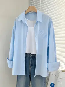 Women's Korean Style Cotton Blue Shirt, Thin Long Sleeve Open Front Top, Spring & Fall Essential Layered Loose Coat, Daily Wear
