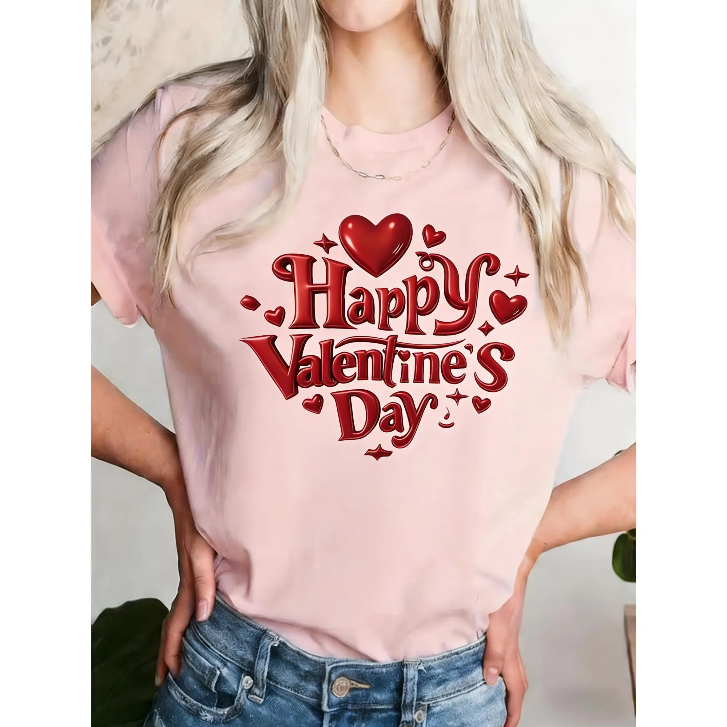 100% Cotton [Egg Tart Direction] Valentine's Day Limited Edition Women's T-Shirt |     Happy Valentine's Day Red Heart Print Round Neck T-shirt, Spring Summer Casual Short Sleeve T-shirt, Women's T-shirt |     Machine washable |     Festive Outfit