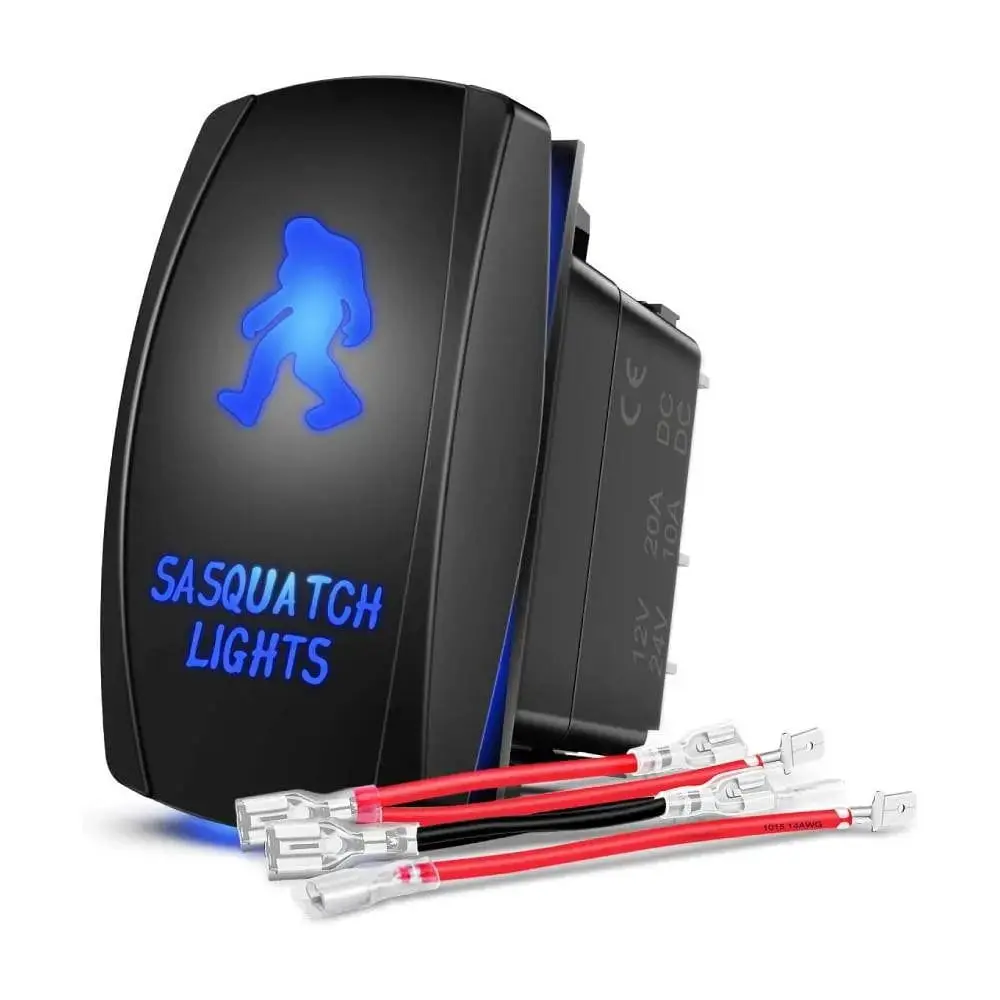 Nilight 5-Pin 12V 20A ABS Laser On/Off Sasquatch Light Rocker Switch, Blue Decorated Push Button Switch with 1 x Jumper Wires Set for Trucks, Taillights, Home Improvement Electrical Equipment