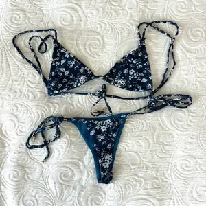 Women’s Blue Floral Bikini Set – Sexy Triangle Halter Top & Side Tie Thong Bottom, Vintage Aesthetic Swimwear, Adjustable Fit Beach Pool Vacation Outfit, Viral TikTok Summer Style