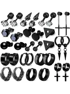 Stainless Steel Black Men's Studs Earrings 18 Pairs, Gothic Punk Style Stud & Hoop Combo Set
