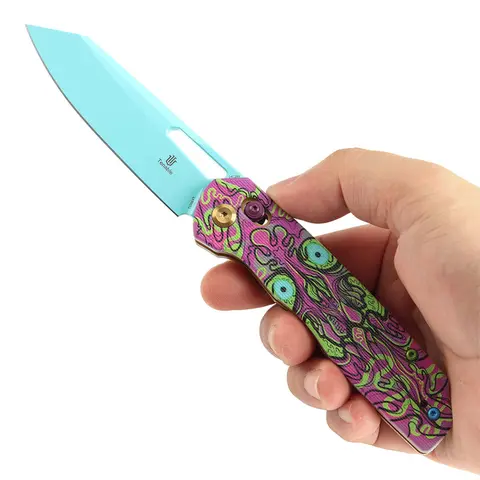 TENABLE T1006V9 Kim Ning Design Folding Pocket Knife - Cross-Bar Lock Mechanism, 3.47in Blue Coated 14C28N Steel Reverse Tanto Blade, Jade G10 Handle with Purple Undead Print, Reversible Deep Carry Clip, Lightweight Multipurpose Precision Camping Tool
