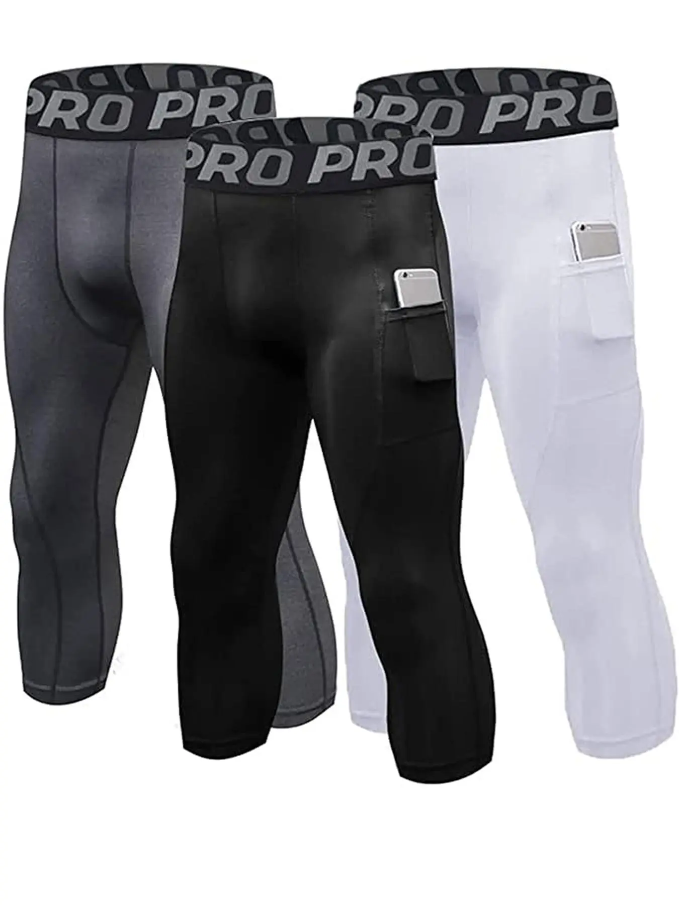 Men's 3pcs Letter Print Tape Pocket High Waisted Compression Capris Leggings, High Stretch Tights for Workout Running Athletic Gym, Summer Outfits 2024, High Stretch Bottoms, Compression Gym Sportswear, Menswear for All Seasons