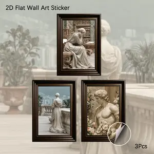2D Flat Wall Art, 3Pcs PVC Self-Adhesive Framed Wallpaper Sticker, Classic Greek & Roman Sculpture Wall Decals, Vintage Aesthetic Statue Art Decor for Living Room, Bedroom, Office, Ideal for Art Lovers & Academia Fans
