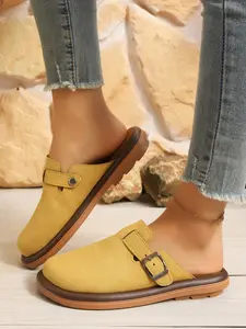 Women's Solid Color Buckle Design Slip on Walking Shoes, Casual Comfortable Non-slip Slip on Shoes for Daily Wear, Female All-match Round Toe Shoes for Daily Wear, Girl, Classic Clog, Rubber, Round Toe Clogs