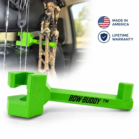 Bow Buddy PRO XL Heavy-Duty Car Accessories Headrest Hanger Organiser for Hunters - 80+ lb Truck/SUV Bows Carry Hook, 6 Inches Injection-Molded Protector, Tool-Free Twist-On Install, Universal Fit with Spacer, Lifetime Warranty, Made in USA