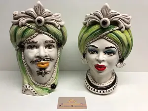Moor's Heads Moresca Caltagirone Ceramic cm H.28 L.19 Handcrafted Green Turban