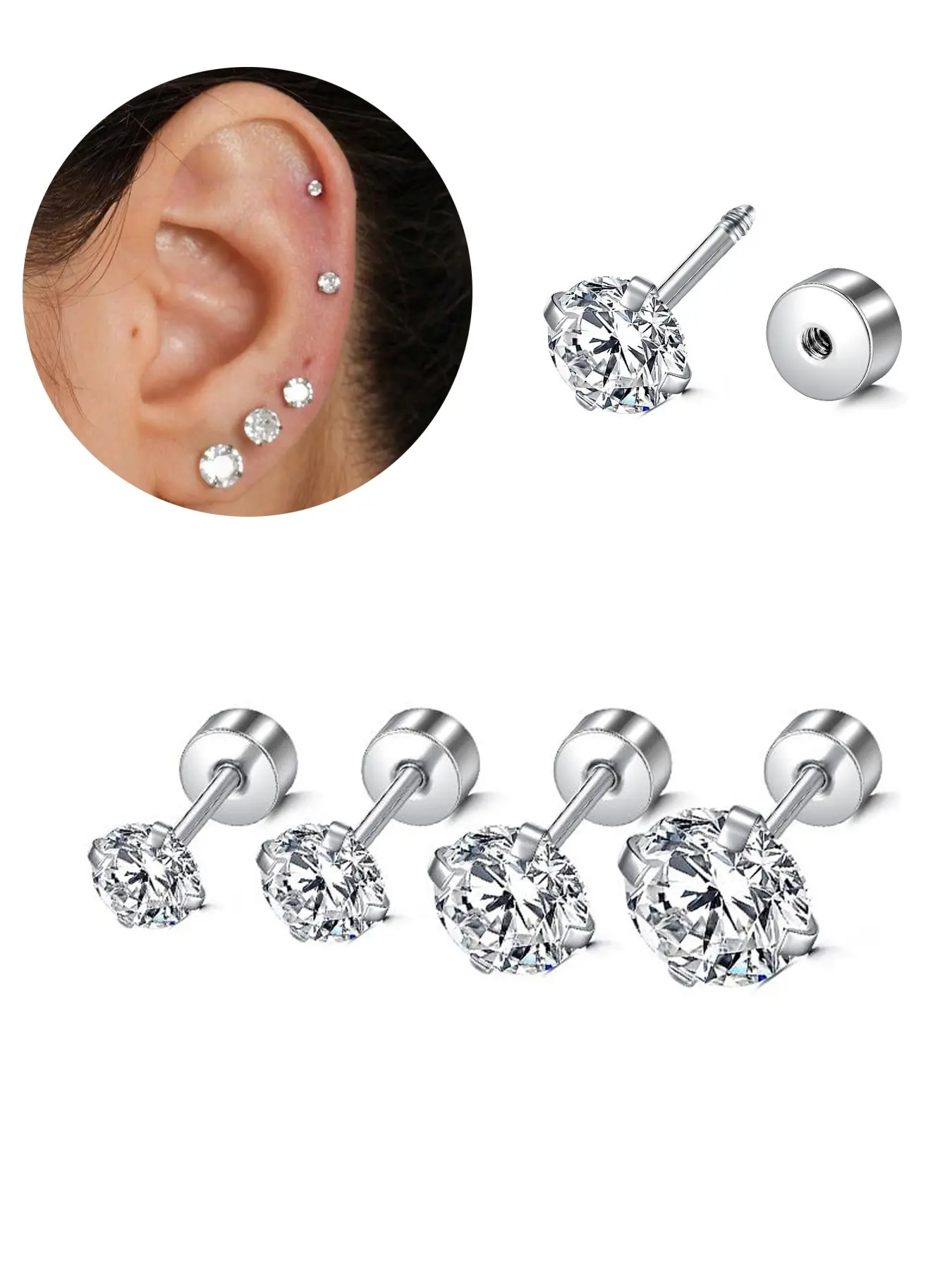 Stainless Steel Helix & Tragus Earring Set, 18g Opal & Cz Accents, Cartilage Piercing Jewelry, Ear Piercings, Sizes 3mm-6mm, Unisex Design, Cartilage Stud, Body Piercing Jewelry