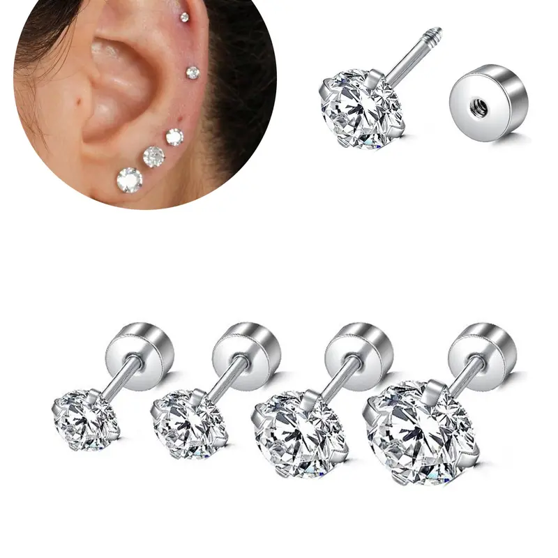Stainless Steel Helix & Tragus Earring Set, 18g Opal & Cz Accents, Cartilage Piercing Jewelry, Ear Piercings, Sizes 3mm-6mm, Unisex Design, Cartilage Stud, Body Piercing Jewelry