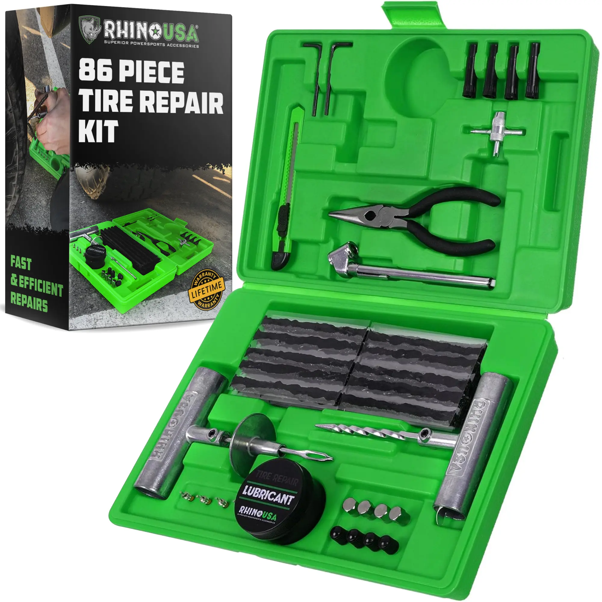 Rhino USA Tire Repair Kit (86-Piece) Professional Heavy Duty Tire Plug Kit to Fix Punctures & Patch Flats with Ease - Ultimate Tubeless Tire Repair Tools for Car, Motorcycle, ATV, UTV, RV and Trailer