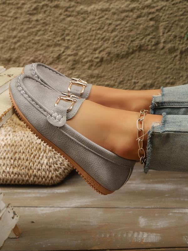 Women's Casual Round Toe Loafers, All-Season Slip-On Shoes, Comfortable Walking Flats, Metal Buckle Decor, Ideal for Work & Daily Wear