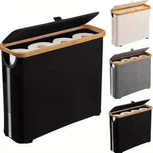UFORU Large-capacity foldable toilet paper holder with lid, a space-saving bathroom storage solution, Bathroom organizer, no assembly required, durable wooden frame and grey fabric surface, Bathroom supplies