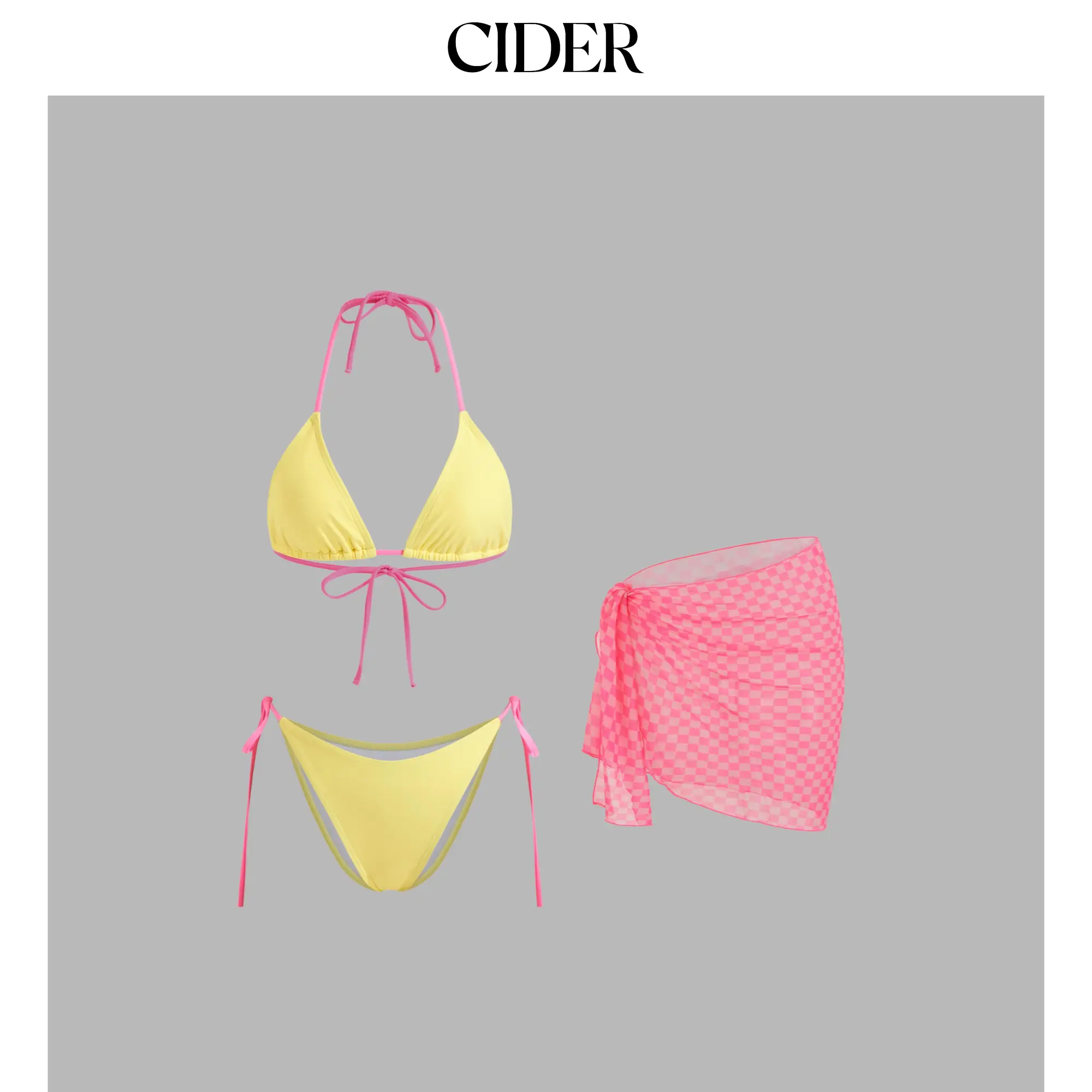 Cider Women's Checkered 3-Piece Bikini Set - Halter Triangle Top, Tie-Side Bottoms, Gingham Sarong - Sports & Outdoor Beach Swimwear, Size XS