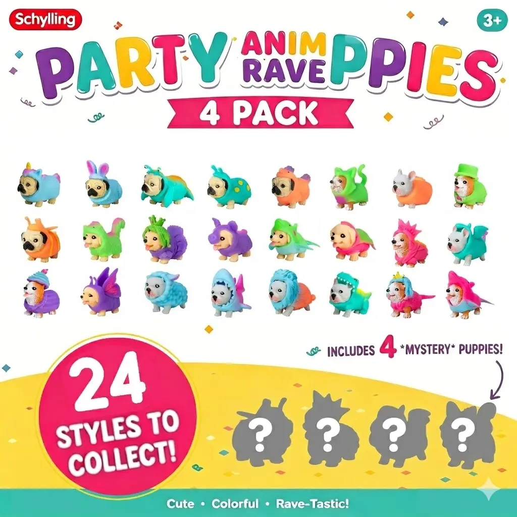 Schylling Party Animal Rave Puppies Squishy Toy Bundle – 4 Pack Soft ...