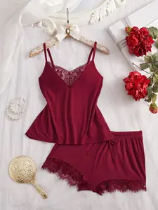 Valentine's Day 2-Piece Lace Trim Tank Top & Shorts Set, Lingerie, Soft Comfortable Home Sleepwear, Elegant Plain Design, All Seasons