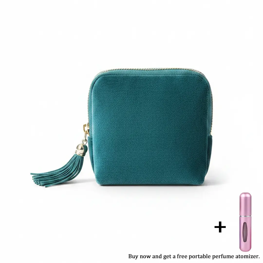 Soft Velvet Exterior Satin Lining Tassel Zipper Jewelry Travel Pouch - Accordion Divided Compartments Tangle-Free Case for Rings, Earrings, Necklaces, Bracelets - Women's Accessory Storage with Free Bonus Perfume Atomizer