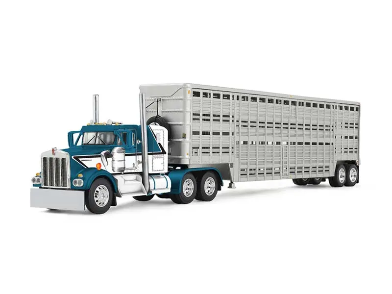 Kenworth W900A w/ 36" Sleeper & 45' Wilson Vintage Livestock Trailer Mariner Blue/Silver Diecast 1:64 Scale Model - DCP 60-2136