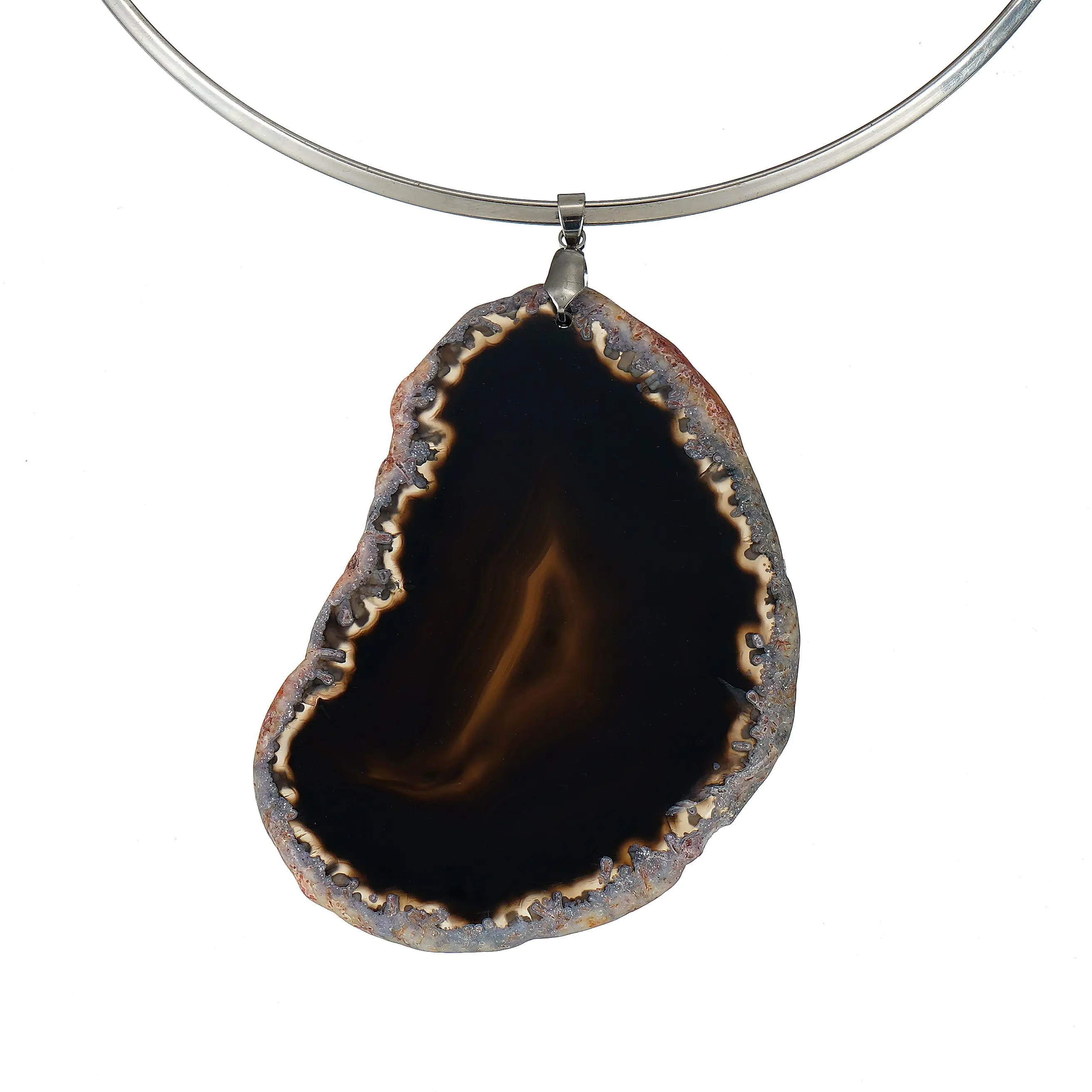 Black Slice Agate Pendant Necklace - Surgical Steel Collar Wire - Natural Protection Jewelry
