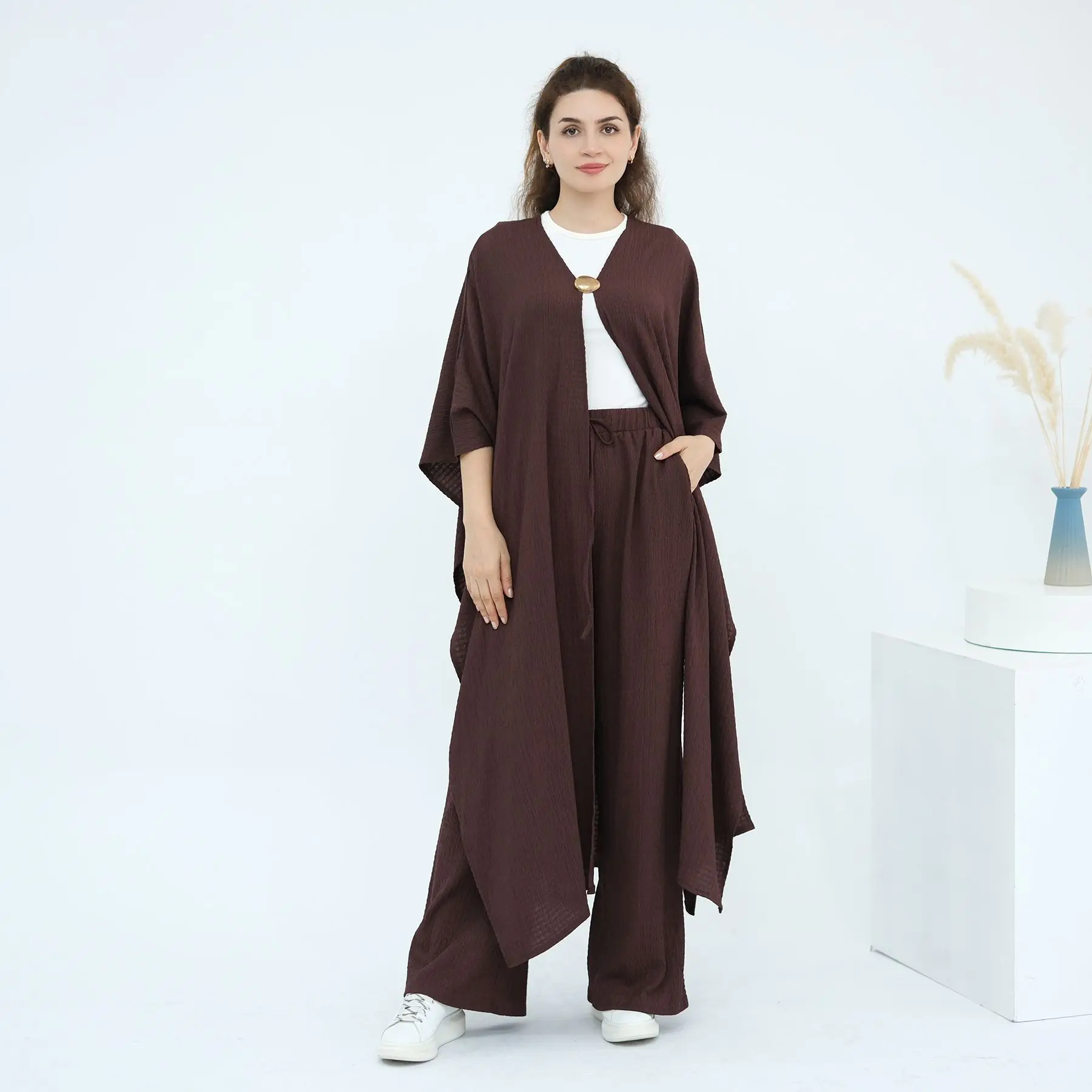 Crinkle-Soft Abaya & Pants Set with Brooch - 2 Piece, Solid Color, Lightweight Fabric, Elastic Waistband, Multiple Shades Available
