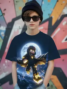 Game Style Moonlight Block Man Printed Streetwear T-Shirt, Unisex Casual Round Neck Short Sleeve, Fitted Random Pattern, All Seasons Wear