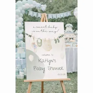 Baby Shower Welcome Sign Watercolor Clothesline Theme Green Neutral Shower Canvas Ready to Hang on Easel for Baby Boy or Baby Girl Neutral Shower