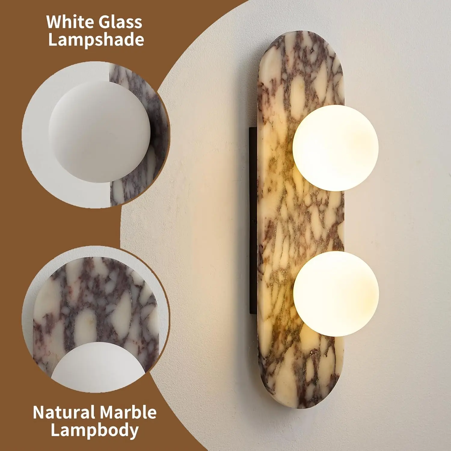 17.7 in Natural Marble Wall Lamp with Glass Shade, 2-Light G9 Base Stone Wall Sconce, Modern Alabaster Wall Light for Bedroom, Living Room, Porch, Bathroom