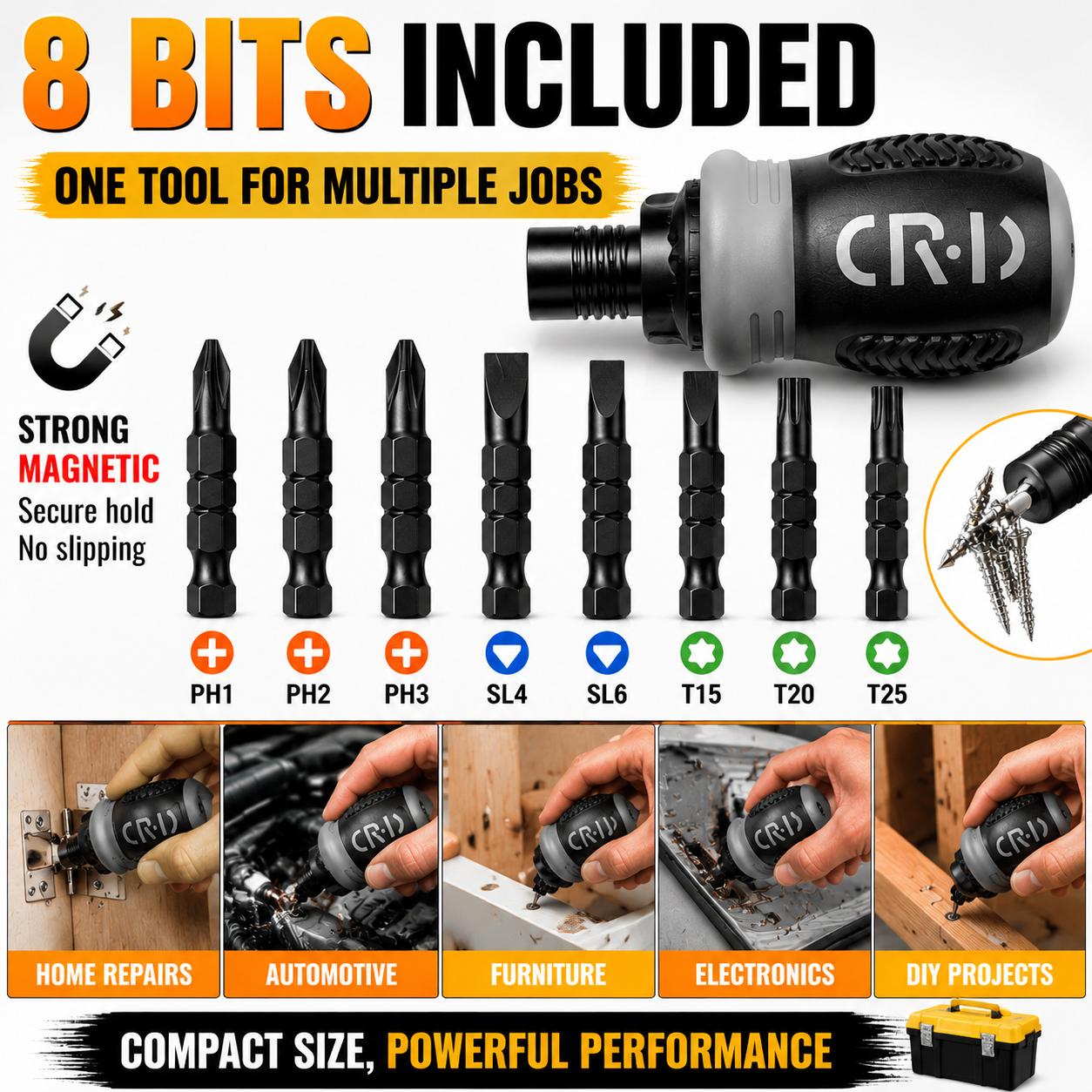 Magnetic Screwdriver Combo - 8 Bits Compact Multi-Tool with Flat-Head Screwdriver Bits, Pocket-Size Gadget for Home Maintenance, Home Improvement