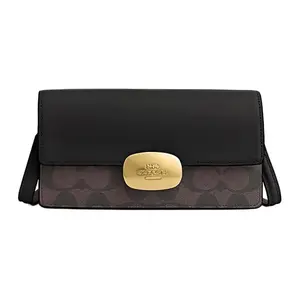 COACH Eliza 19 Classic Monogram Detachable Strap Crossbody Bag for Women, Small Square Style in Brown and Black