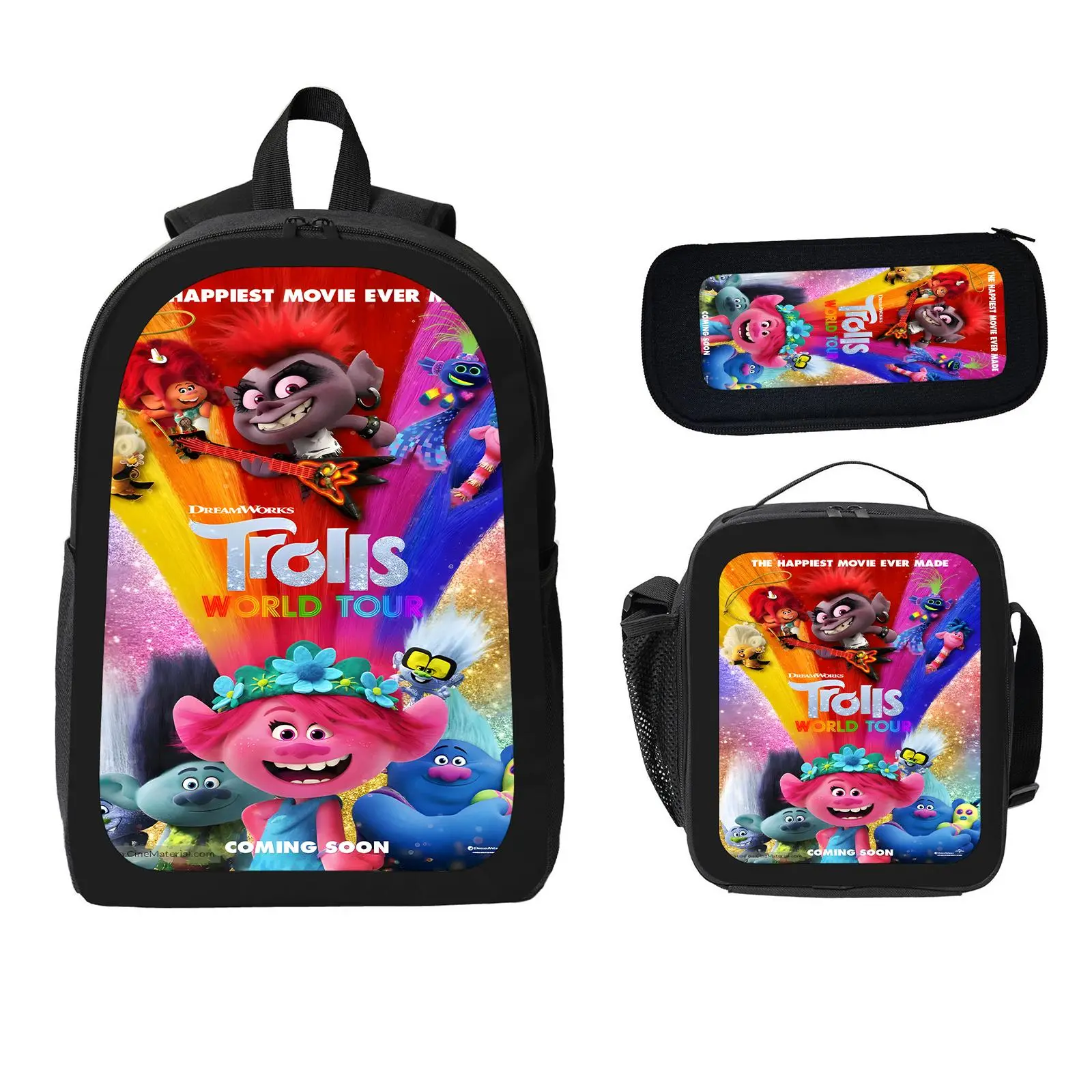 Trolls World Tour 3-Piece Polyester Casual Large Fit Back to School Haul Backpack Set for Kids, Large Capacity Bookbag with Insulated Lunch Bag Pencil Case, Water Resistant Daily Use Travel Daypack for Elementary-Middle School c-91, Movie Theme