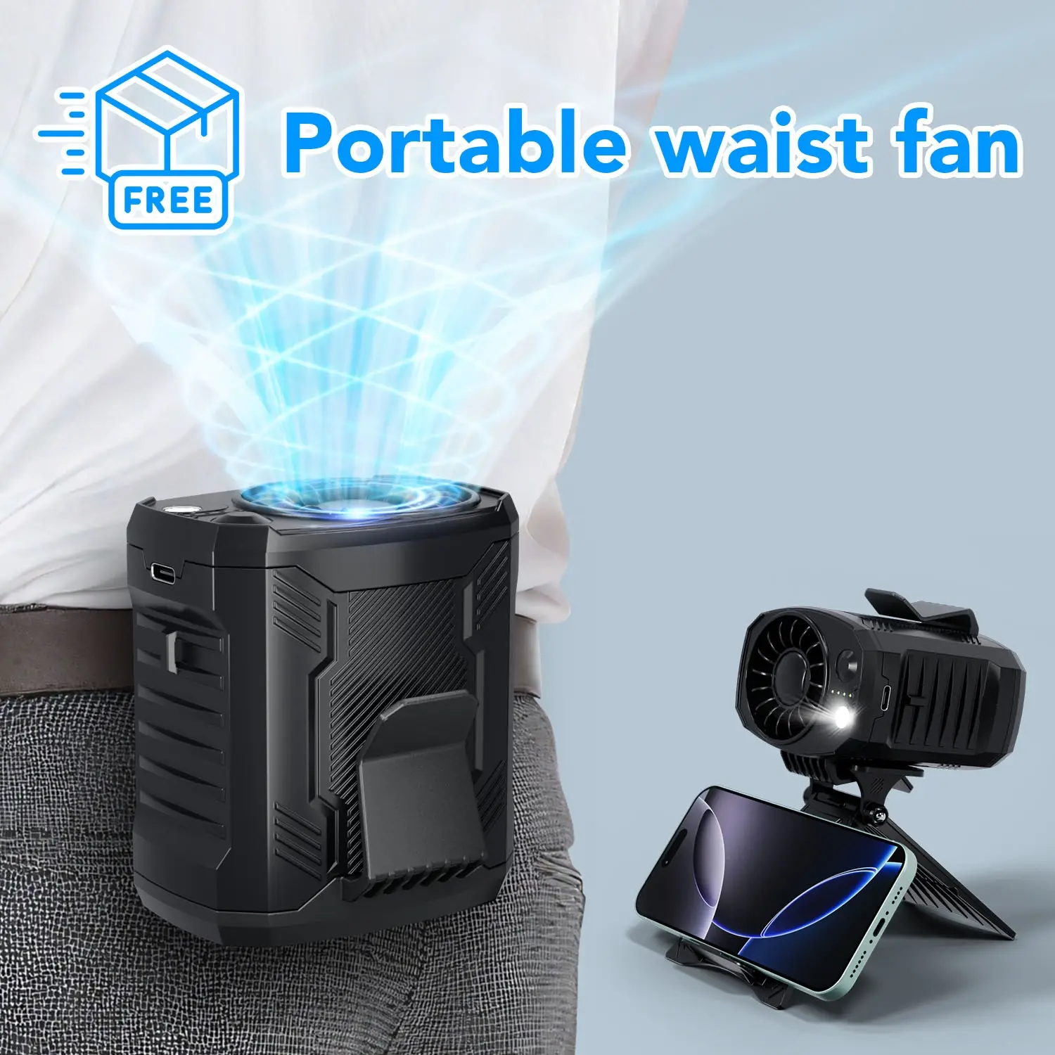 Wearable Belt Fan, 【Flare Point】Portable waist fan,Mobile phone holder,Camping waist fan,4 Speeds Hands-Free Hanging Neck Fan, Outdoor Personal Coolin