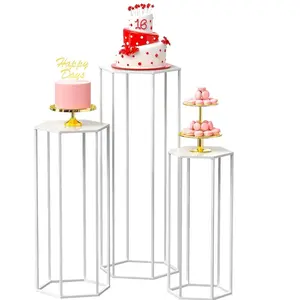 3Pcs Set Cylinder Stand Hexagon WHITE Pedestal Stand for Party , Metal Plant Stand Tall Cake Cylinder Pedestal Stand for Wedding Flower Vase Living Room Patio Decoration Local Warehouse, Halloween, Kitchen Accessories, Best for Christmas