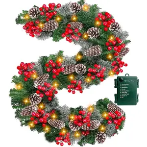 Timer 8 Mode - 9Ft by 10 Inch Prelit Christmas Garland with 50 Warm Lights,Thick 270 Snowy Tips 70 Red Berry 10 Pinecone  Operated Real  Cedar Xmas Garland Door Mantle Indoor Outdoor