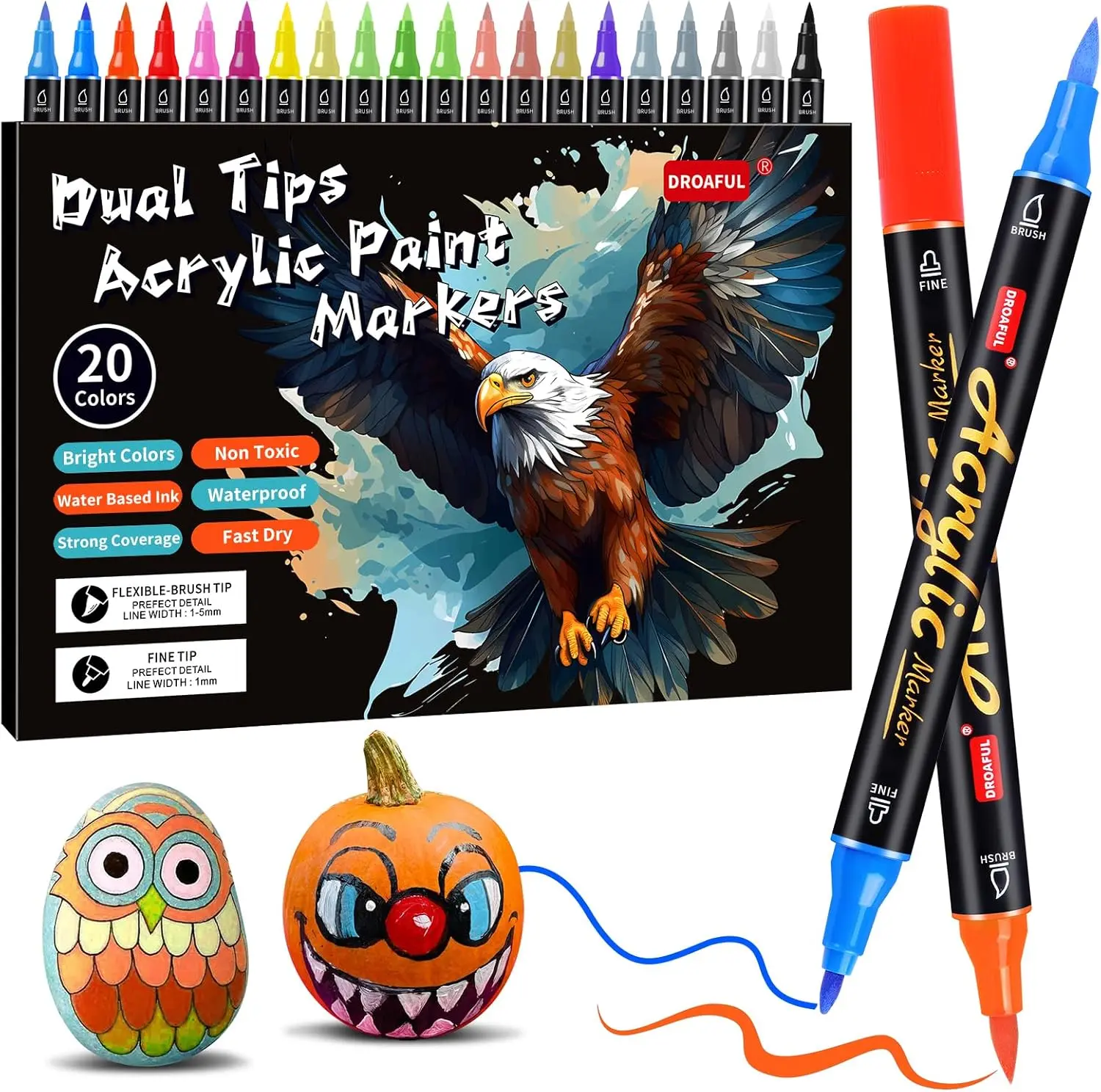 Acrylic Paint Pens Markers - 20 Colors Dual-Tip, Waterproof, Non-Toxic, Odorless Premium Art & DIY Craft Supplies for Rock, Glass (Toys & Hobbies Educational Arts & Crafts Drawing Tools)