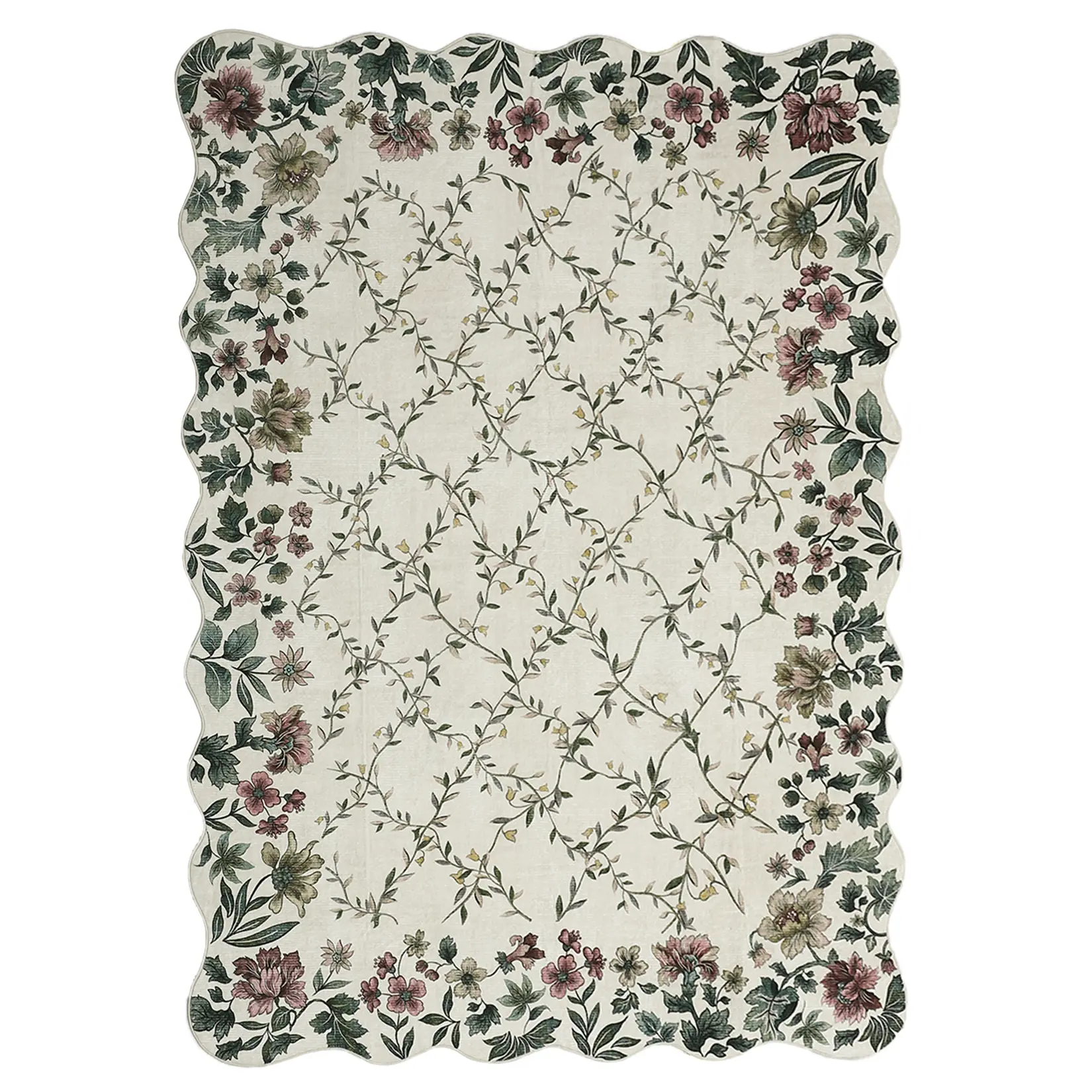 Beige Soft Indoor Boho Washable Rectangle Rug - Flexible Folding, Modern Bohemian Botanical Floral Print, Multi-Area Fit Carpet, Boho Washable Rug