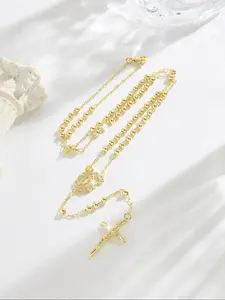 Fashionable Holy Spirit Christian Saint Jude Charm Beaded Chain Necklace Cross Design Pendant, Copper Plated 14k Gold Virgin Mary Medal Jesus Cross Pendant Jewelry