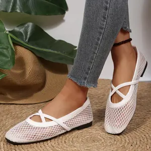 Mesh Ballet Flats for Women Mesh Flats Crisscross Strap Fishnet Flat Sandals Shoes for Dressy Summer