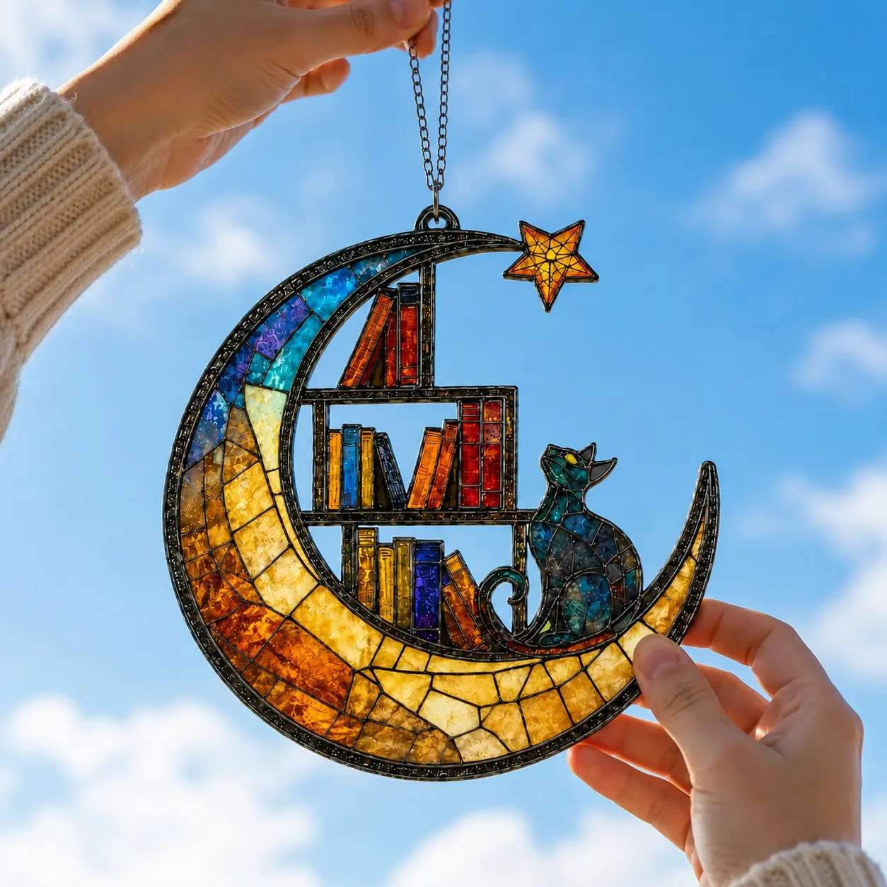 Moon Cat Library Suncatcher – Acrylic Book Lover Window Hanging, Cat Reading on Crescent Moon Décor, Gift for Readers, Librarians and Cat Lovers – 6 or 8 Inch