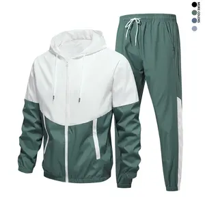 Men's 2-Piece Fitted Long Sleeve Workout Set - 100% Polyester Hooded Jacket, Elastic Drawstring Long Pants, Spliced Design, Cuffed Openings, All Seasons Athletic Activewear Tracksuits, Sporty Style for Sports & Office