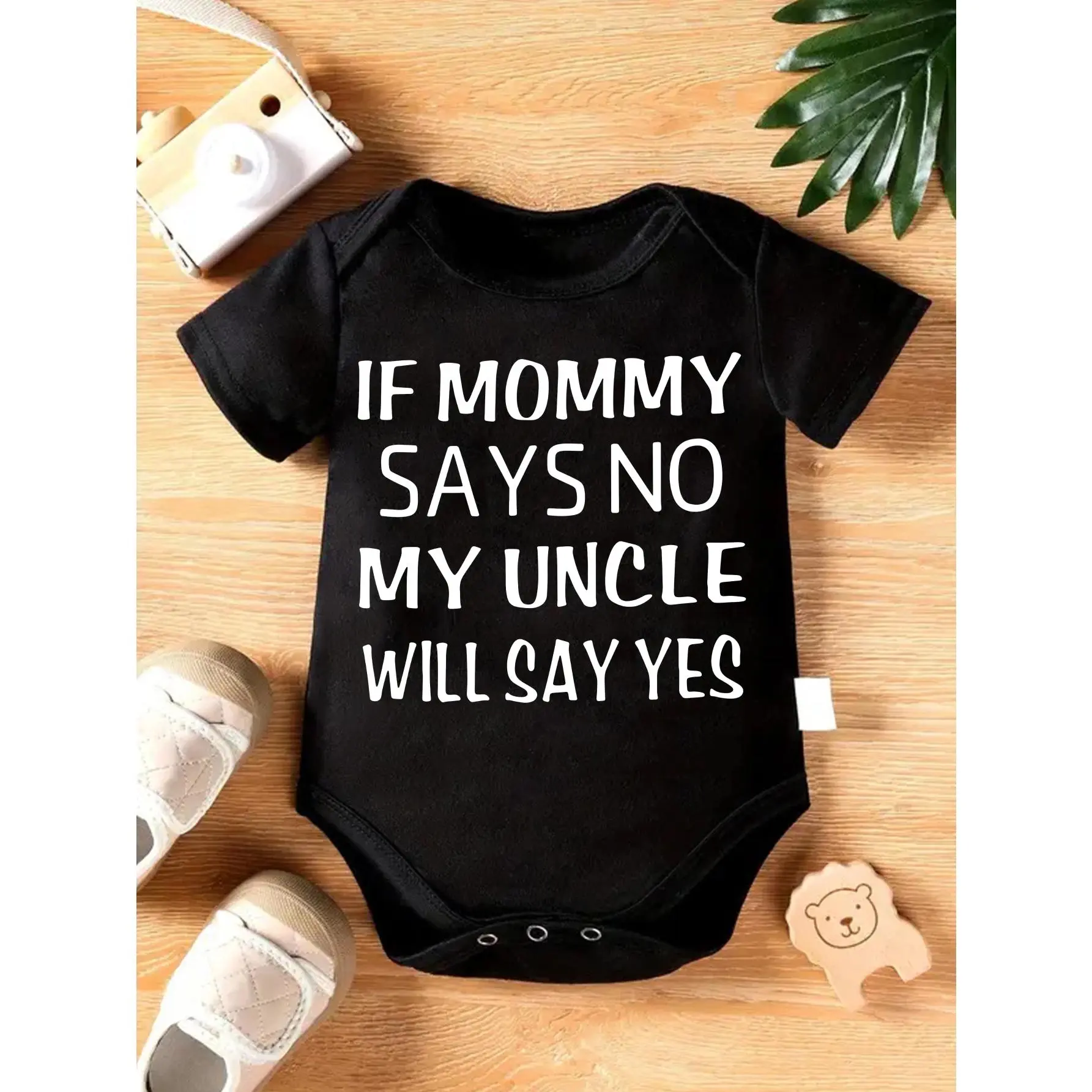 Baby Knitted Bodysuit - 96%Cotton, Short Sleeve, Tag-Free, "If Mommy Says No My Uncle Will Say Yes" Printed Text, Round Neck, Button Detail, Regular Fit, Soft Versatile All-Season Onesie for 0-12 Months