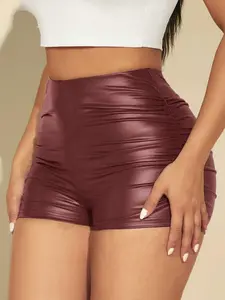 High-Waisted Ruched PU Leather Shorts, Chic Shorts, Fit, Trendy Streetwear Style, Womenswear, Perfect for Casual, Everyday, Comfortable and Stylish Women's Clothing