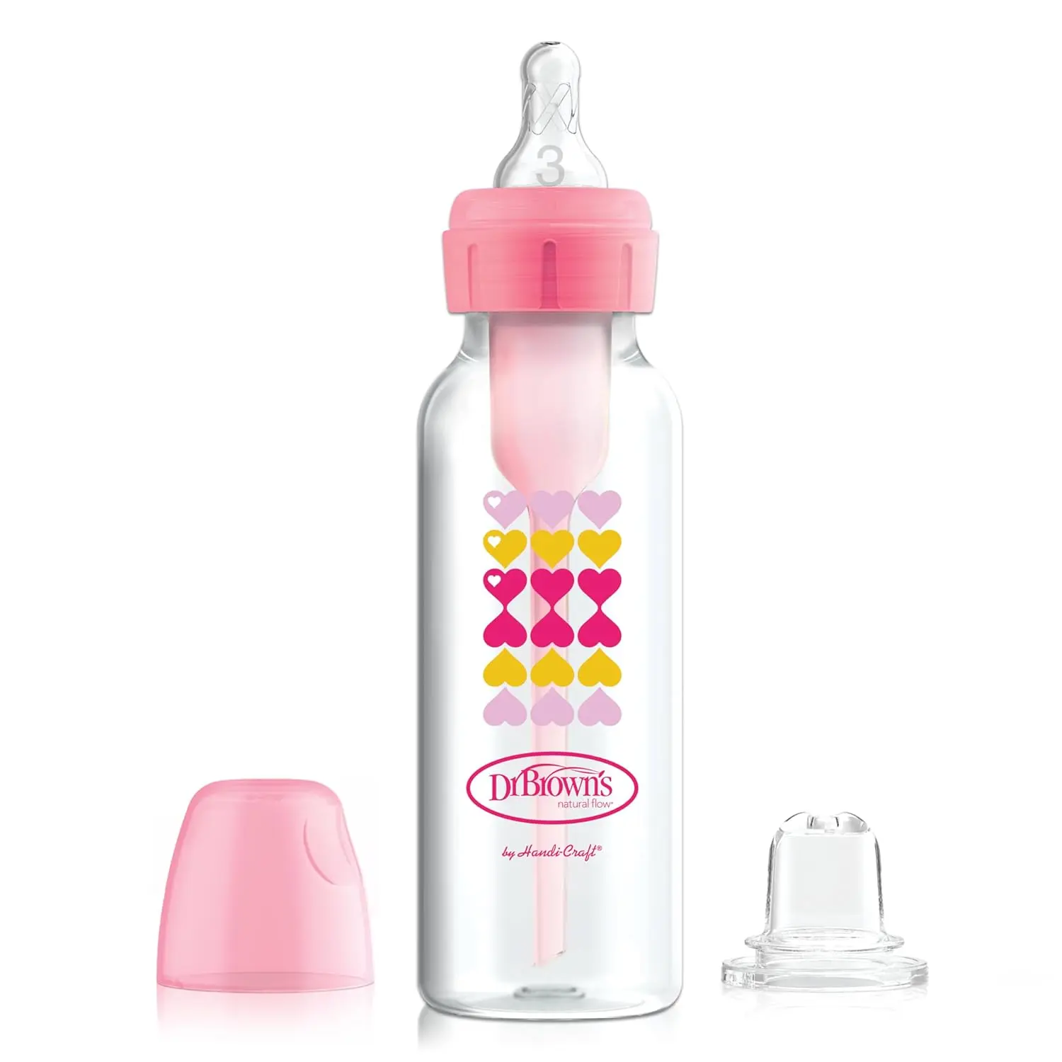 Anti-Colic Options+ Narrow Sippy Bottle Starter Kit, 8oz/250mL, with Level 3 Medium-Fast Flow Nipple and Soft 100% Silicone Sippy Spout, Pink, BPA Free, 6m+