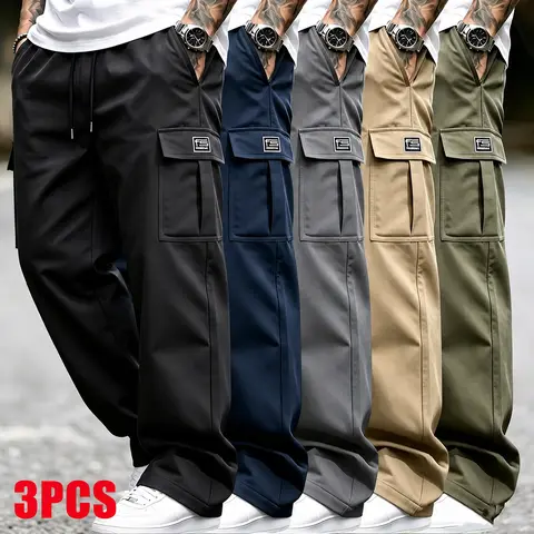 3-pack men’s cargo pants, solid-color casual loose work trousers, comfortable outdoor training pants, multi-color—ideal for casual daily wear, light outdoor activities, work, hiking and camping